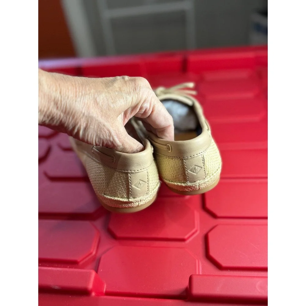Sperry Slimboat Beige Raffia Leather Trim Boat Shoes Womens 8.5 Coastal Preppy